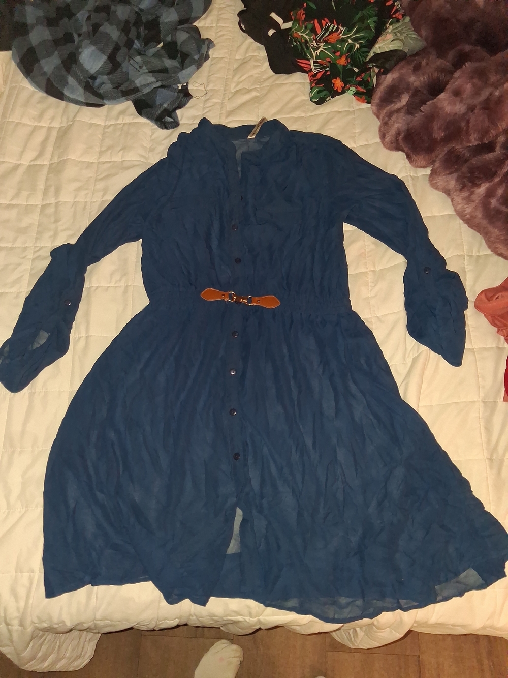Blue Button-Front Shirt Dress with Belt